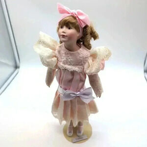 1988 Franklin Heirloom Porcelain Doll Carol Blonde girl pink dress 13 in
